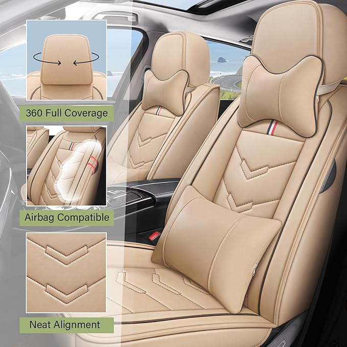 Leather Car Seat Covers Fit for LR Range Rover Evoque 2019-2025, 5 Seater Waterproof and Wear-Resistant Seat Cover Interior Accessories(Full Set with Pillow,Beige)