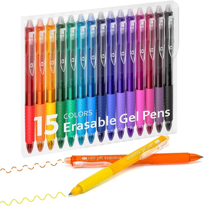 Lineon Erasable Gel Pens, 15 Colors Retractable 0.5mm Fine Point Erasable Pens by ShuttleArt