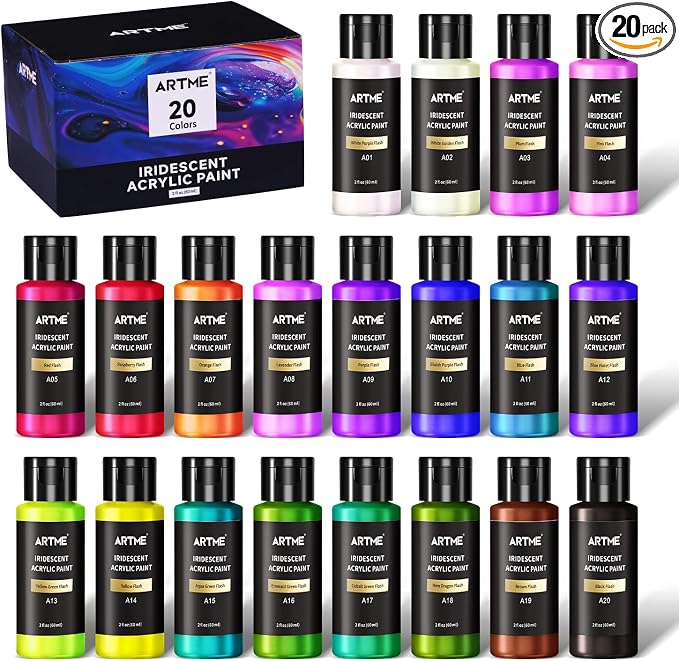 Artme Iridescent Acrylic Paint Set, 20 Chameleon Colors in 2 oz/60ml Bottles by ARTME
