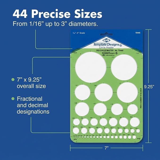 Alvin, Circle Guide Template, 44 Circles, 7 inches x 9.25 inches x .030 inches - Image 3