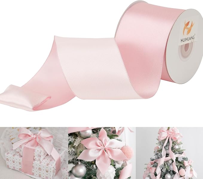 HUIHUANG Pink Satin Wired Ribbon 2.5 inch by HUIHUANG