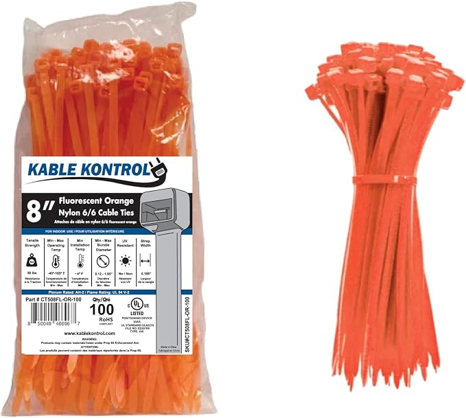 Kable Kontrol Fluorescent Orange Zip Ties 8 Inch 100 Pcs, 50 Lbs Tensile by KABLEKONTROL%C2%AE