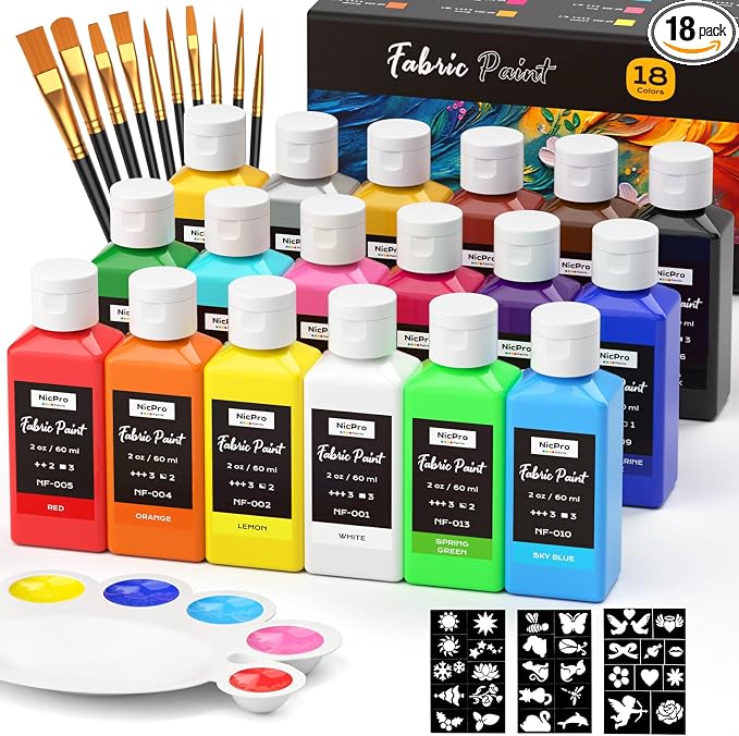 Nicpro 18 Colors Fabric Paint, Permanent Soft Fabric Paint Set by Nicpro
