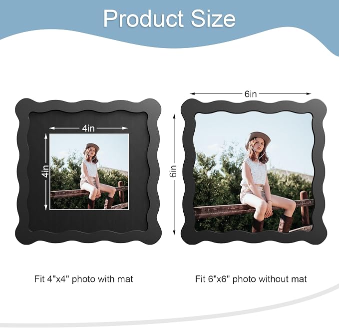 6x6 Picture Frame with Mat for 4x4, Wavy Edge Wooden Real Glass Photo Frame for - Image 3