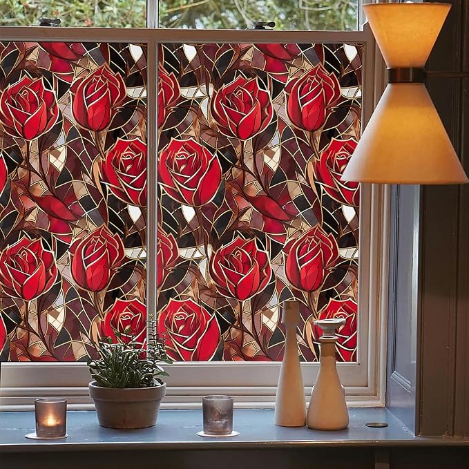 Modern Gold Red Rose Flowers Stained Glass Window Films Decorative Double-Side - Image 3