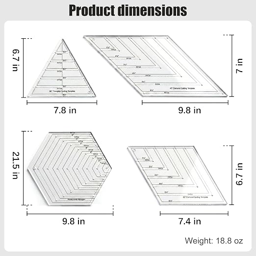 4 Pcs Quilting Ruler Set, 60 Degree Triangle and Diamond, 45 Degree Diamond - Image 2