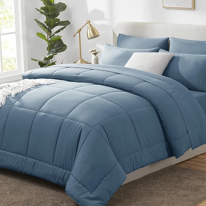 CozyLux King Size Comforter Set Mineral Blue, 7 Pieces Bed in a Bag, All Season by CozyLux