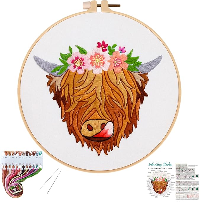 Louise Maelys Highland Cow Stamped Embroidery Kit Floral DIY Craft | Complete by LouiseMaelys