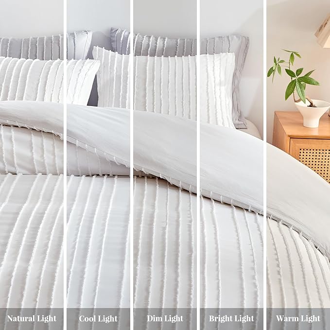 WARMDERN White Boho Duvet Cover Set Full Size, Striped Textured Duvet Cover - Image 7