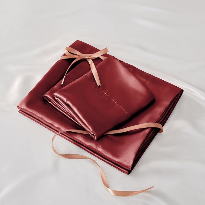 BEDELITE Satin Sheets Full Size Bed Set, Luxury Soft Burgundy Silky Sheet - Image 7