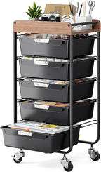 SYKIARIOL Utility Cart with 5 Labeling Drawers and Wooden Tabletop – Rolling by SYKIARIOL