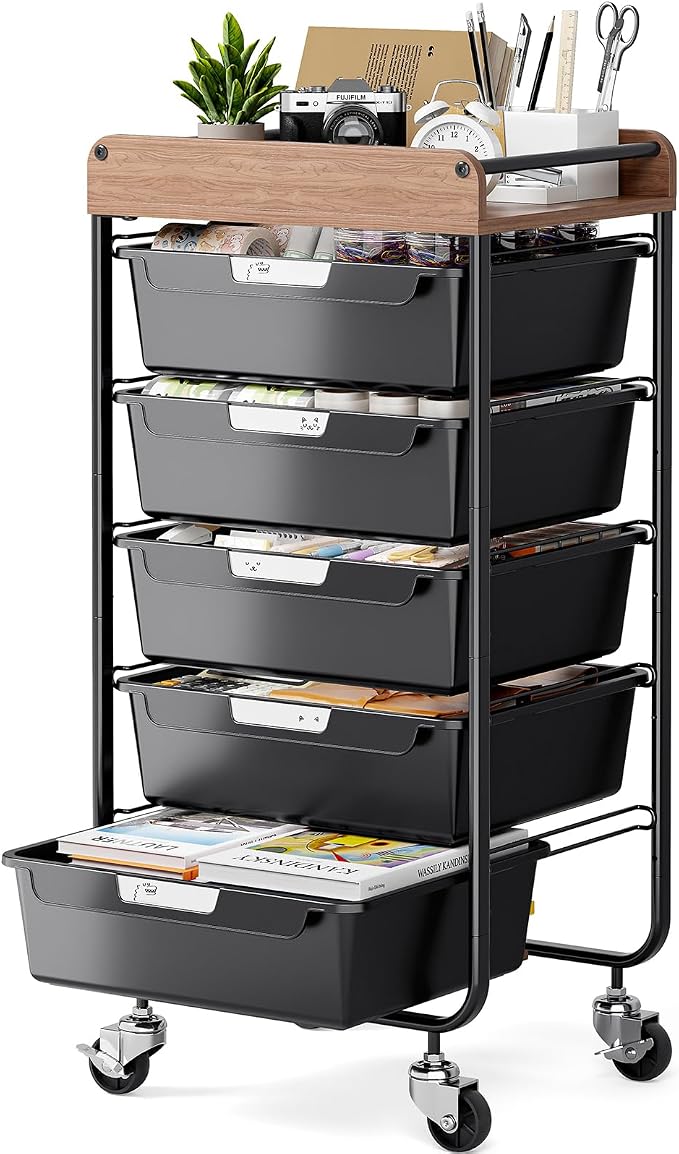SYKIARIOL Utility Cart with 5 Labeling Drawers and Wooden Tabletop – Rolling by SYKIARIOL