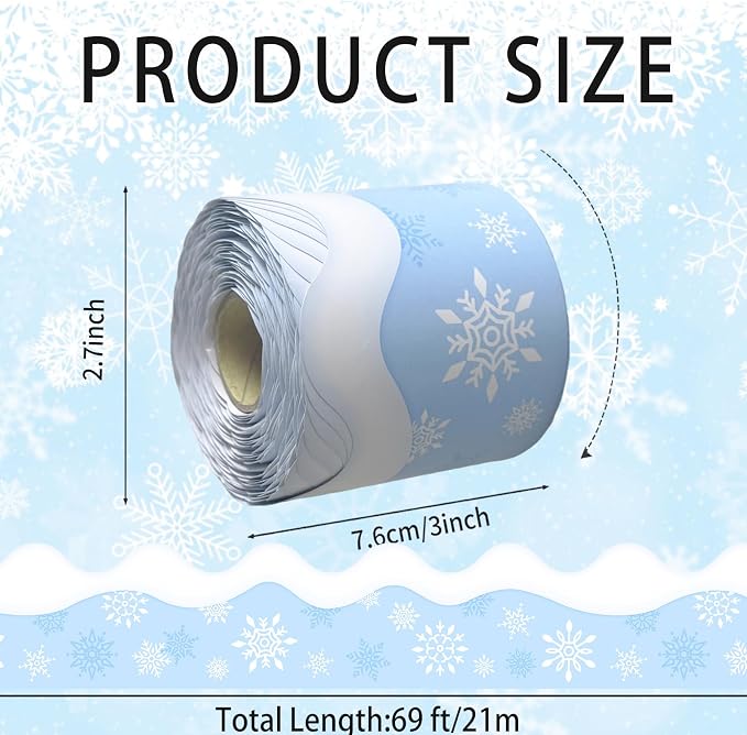 69ft Winter Snowflake Border，Scalloped Rolle Trim Light Blue Classroom Borders - Image 2