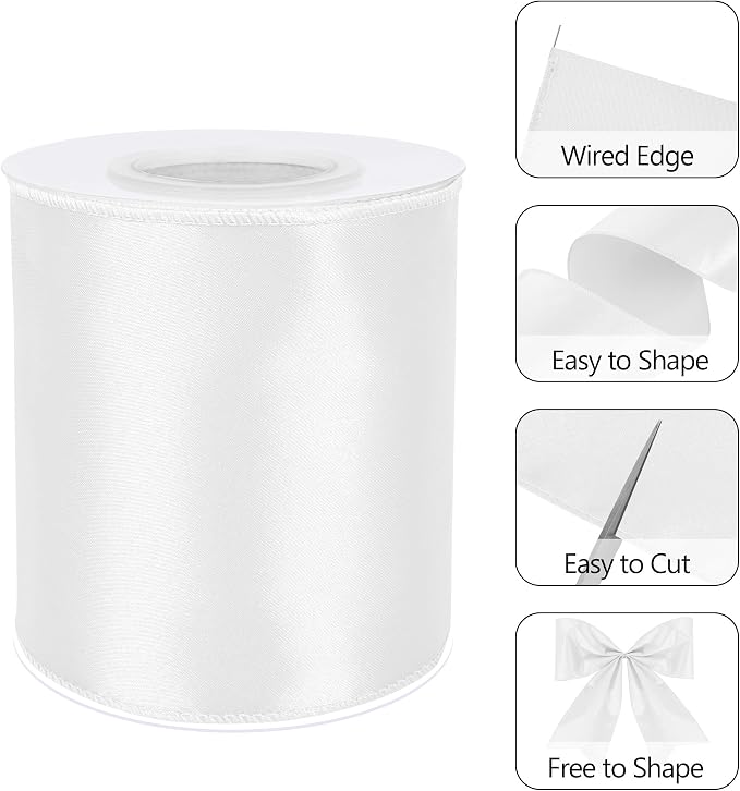 White 4 Inch 15 Yards Satin Wired Ribbon Easter Ribbons - Image 3