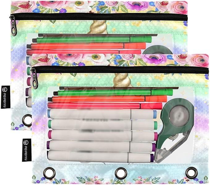 Unicorn Pink Pencil Pouch for 3 Ring Binder, 2 Pack Waterproof Pencil Bags - Image 2