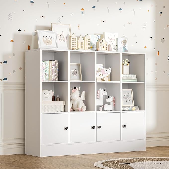 White Bookshelf, Wood Bookcase with 3 Tier Shelves, 12 Cube Storage Organizer with Doors for Bedroom, Living Room, 47.8" W x 39.1" H
