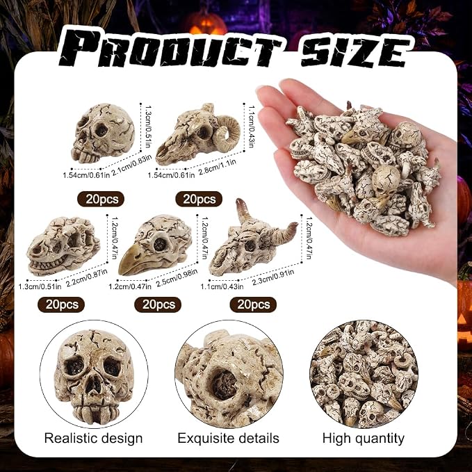 DIYDEC 100pcs Halloween Mini Skulls, 5 Styles Miniature Resin Skeleton Heads - Image 3