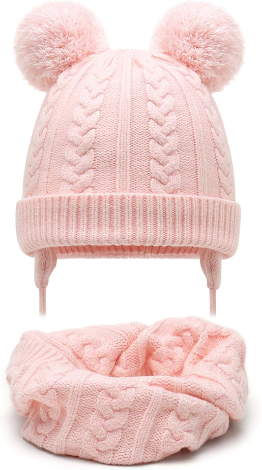 Duoyeree Toddler Winter Hat with Earflap Scarf Hood Thick Warm Kids Skull Cap for Baby Girls Boys