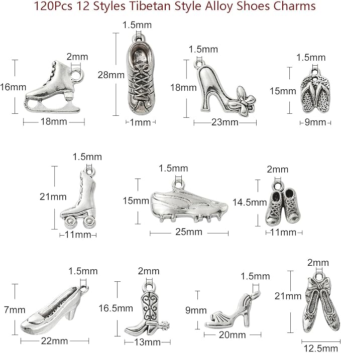DanLingJewelry 120Pcs 12 Styles Tibetan Style High Heel Shoe Charms Boot Ballet - Image 2