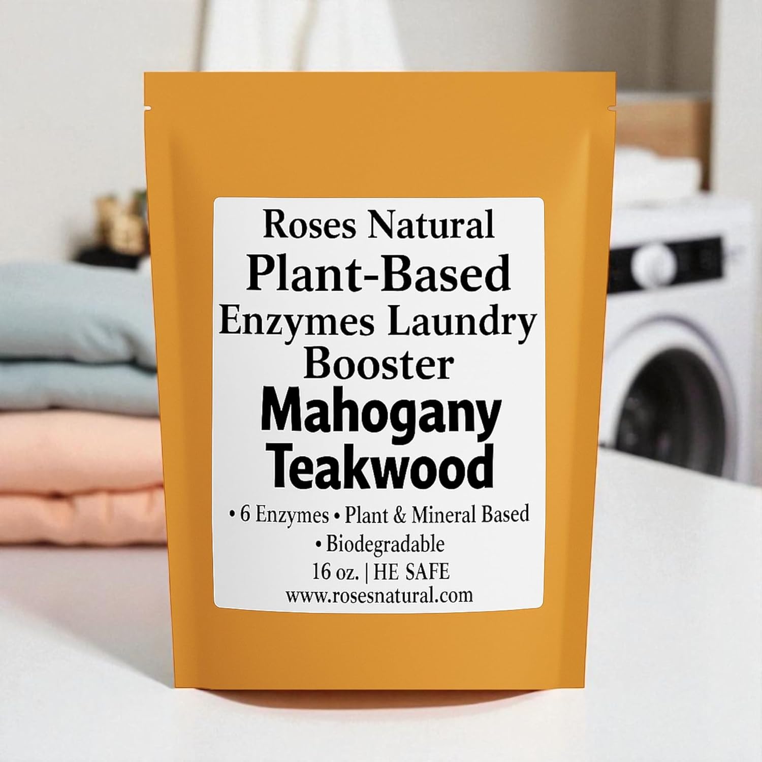 Natural Enzyme Laundry Booster – Mahogany Teakwood | Deep Clean for Sensitive Skin | Eco-Friendly, Biodegradable, HE Safe, 6 Enzymes Formula | 16 oz | Made in USA