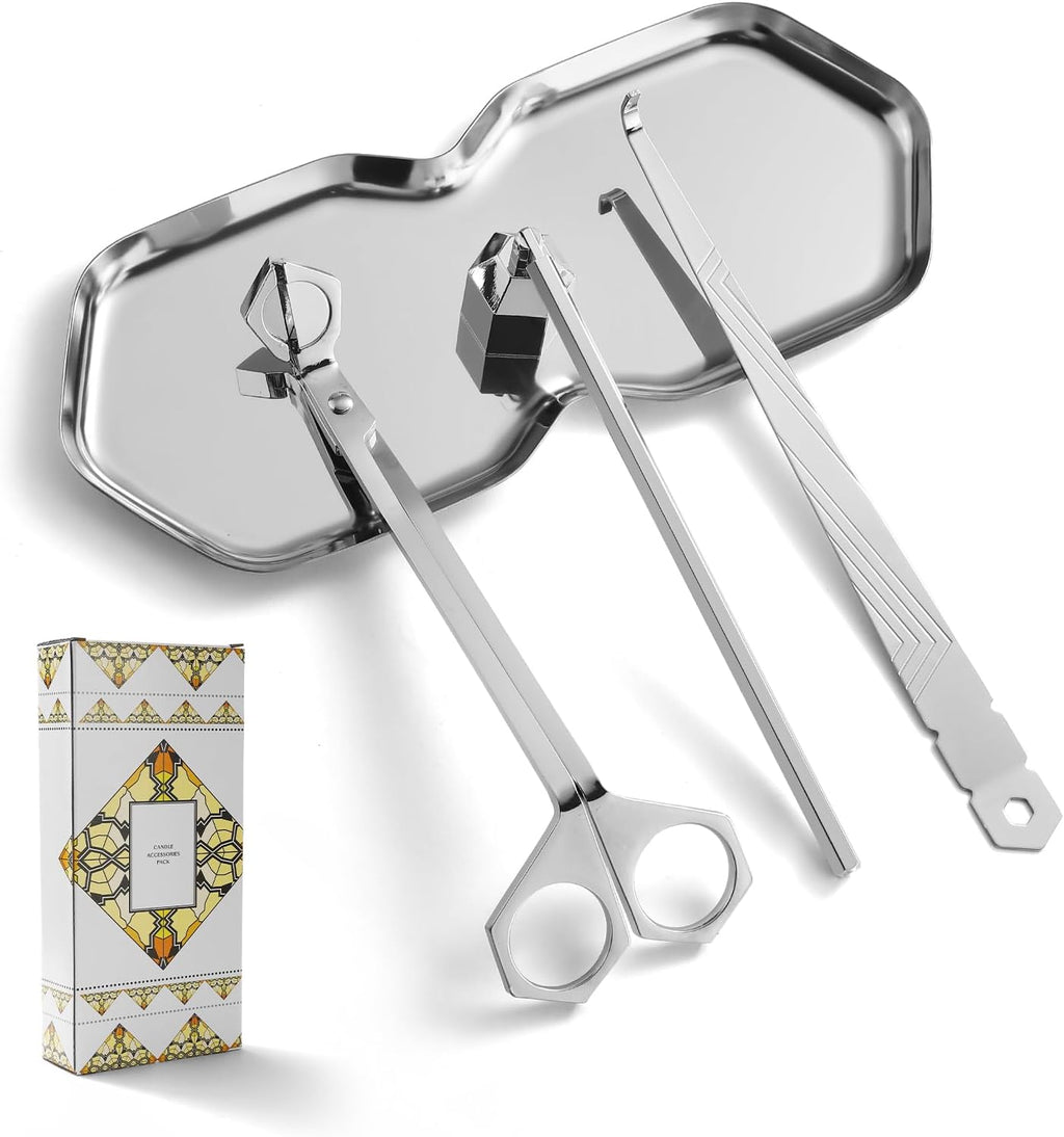 PATOISE 4 in 1 Candle Accessory Set, Wick Trimmer, Candle Snuffer, Wick Scoop, Storage Tray, Perfect for Candle Lovers (Silver)