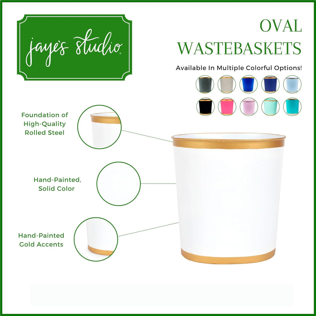 Jaye's Studio Mattie Decorative White and Gold Bathroom Trash Can, Metal Waste Basket Modern, Luxury Trash Bin for Bedroom, Dorm Room, Office Garbage Can, Oval Decorative Trash Bins (12" x 10" x 8")