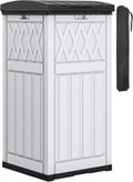 DWVO 36-Gallon Outdoor Trash Can with Fabric Bag, Tiered Lid & Drip Tray, Waterproof Resin Garbage Bin for Patio, Deck, and Backyard, White & Black