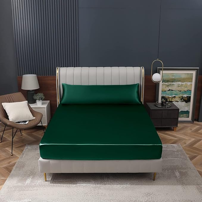 Homiest Blackish Green Satin Fitted Twin XL Size Bed Sheet, Deep Pocket - Image 8