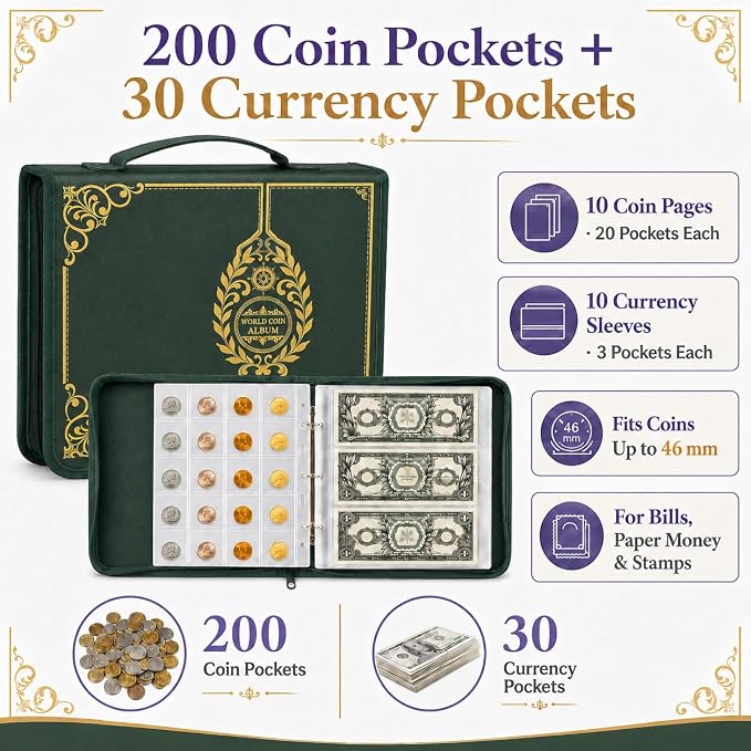 Coin Collection Book Holder for Collectors, 200 Pockets Collecting Album& 30 - Image 2