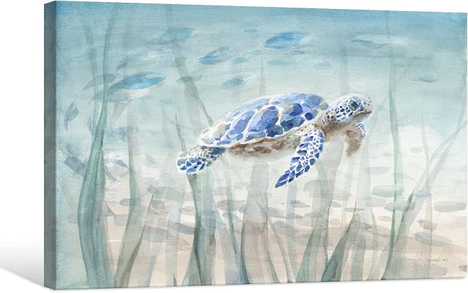 Ocean Wall Decor Blue Turtle Canvas Art Sea Grass Pictures Coastal Print - Image 2