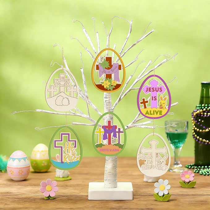 36PCS Wooden Easter Ornaments to Paint, Christian DIY Blank Unfinished Wood Egg - Image 3