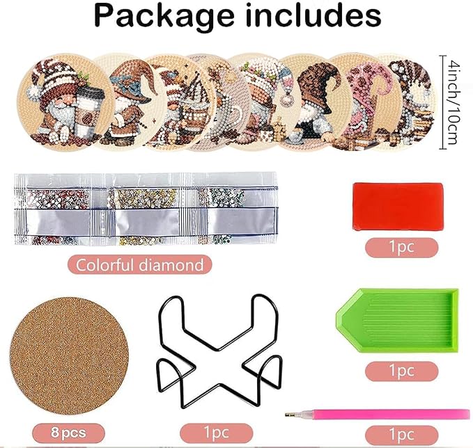Clendo 8 Pcs Coffee Gnome Diamond Art Coasters Kit - Image 2
