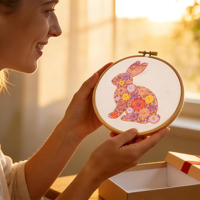 Easter Embroidery Kits for Beginners Adults, Flowers Bunny Embroidery Kits - Image 3