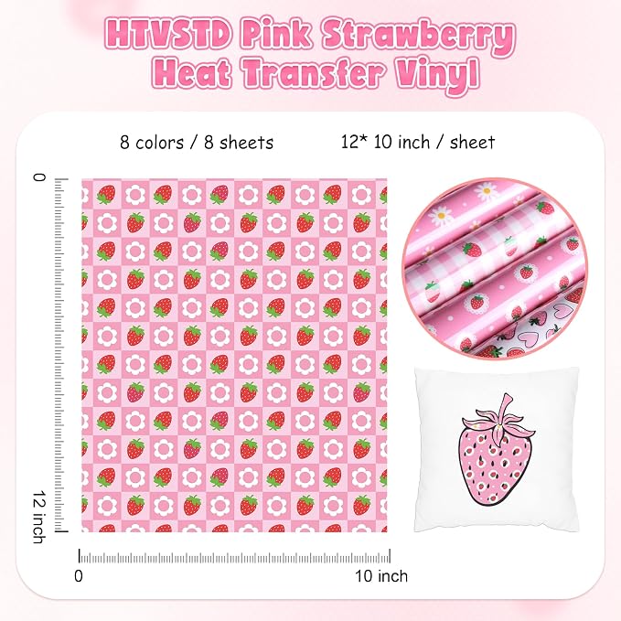 HTVSTD Pink Strawberry Heat Transfer Vinyl 8Sheets 12×10in Iron on Vinyl | - Image 2