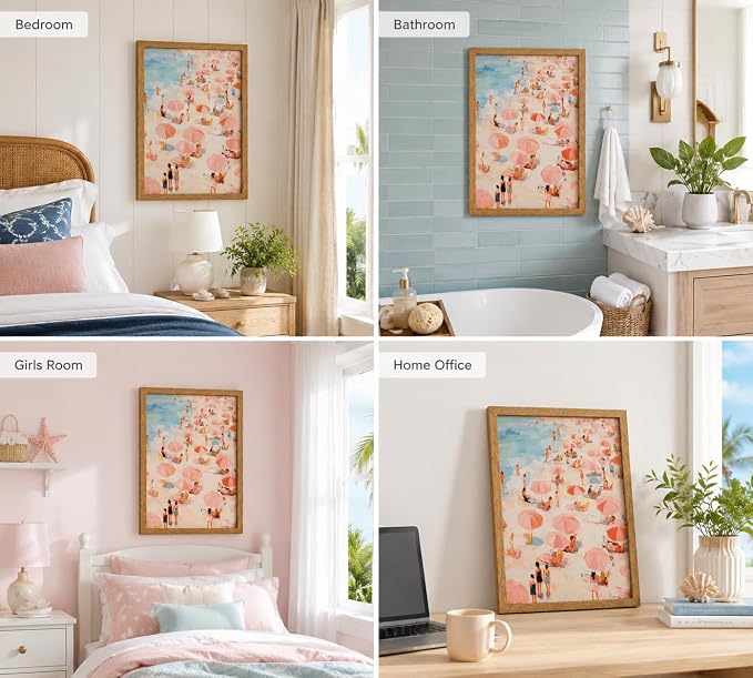 Framed Pink Beach Umbrella Canvas Wall Art, Coastal Painting Picture Wall Decor - Image 6