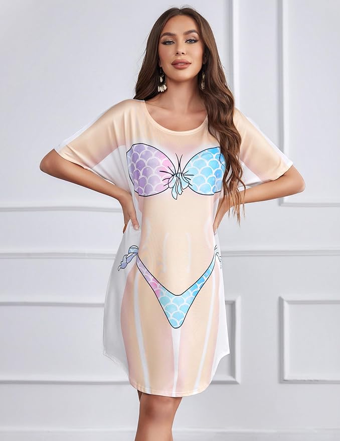 Ekouaer Women's Bikini Shirt Cover Up Short Sleeve Cute Bikini Print Cover-Up - Image 4