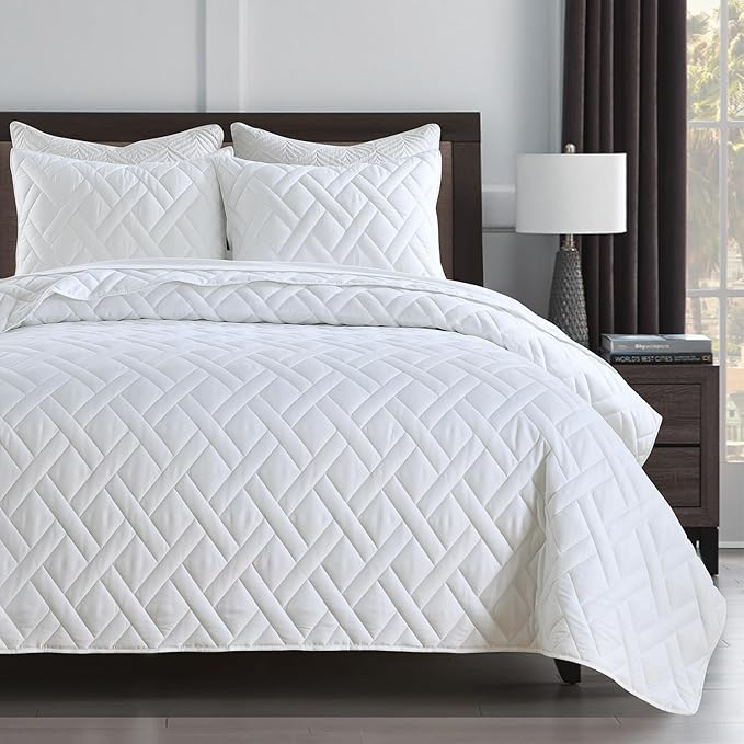 HORIMOTE HOME Quilt Set Twin Size White, Classic Geometric Diamond Stitched by HORIMOTEHOME
