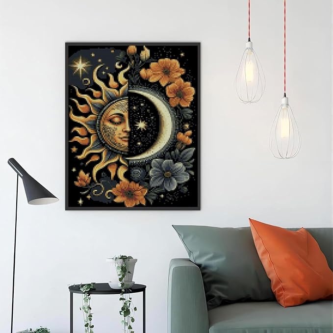 MYBISYMQQ Stamping Cross Stitch Kit Sun and Moon, Round Counting Cross Stitch - Image 3