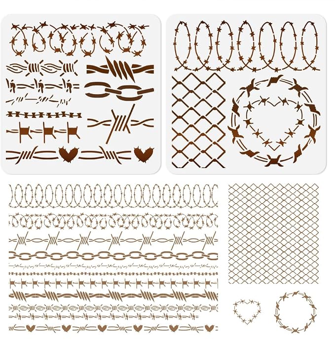2Pcs Barbed Wire Stencils for Painting, 11.8"x 11.8" Reusable Knotted Iron Wire by Doodlream