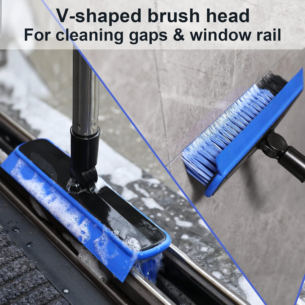 2 in 1 Floor Scrub Brush Grout Brush with 57.8" Long Handle,120°Rotatable Shower Tile Grout Scrubber,V-Shaped Corner Brush for Hard to Reach Areas (Blue)
