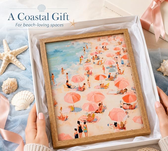 Framed Pink Beach Umbrella Canvas Wall Art, Coastal Painting Picture Wall Decor - Image 8