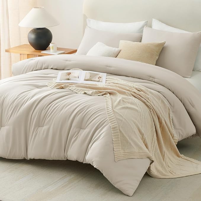 CozyLux Full Size Comforter Set Oatmeal, 3 Pieces Solid Breathable Quilted - Image 9