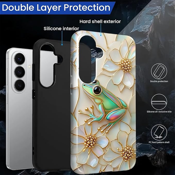 for Samsung Galaxy S26 Case, Stained Glass Frog Flowers Pattern Glossy 2 in 1 - Image 3