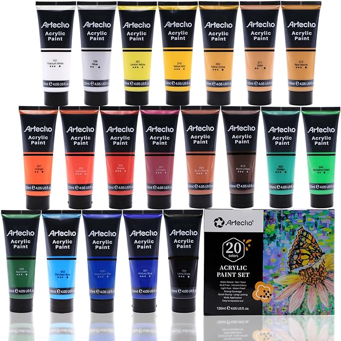 Artecho Professional Acrylic Paint Set, 20 Primary Colors Tubes, Art Craft by Artecho