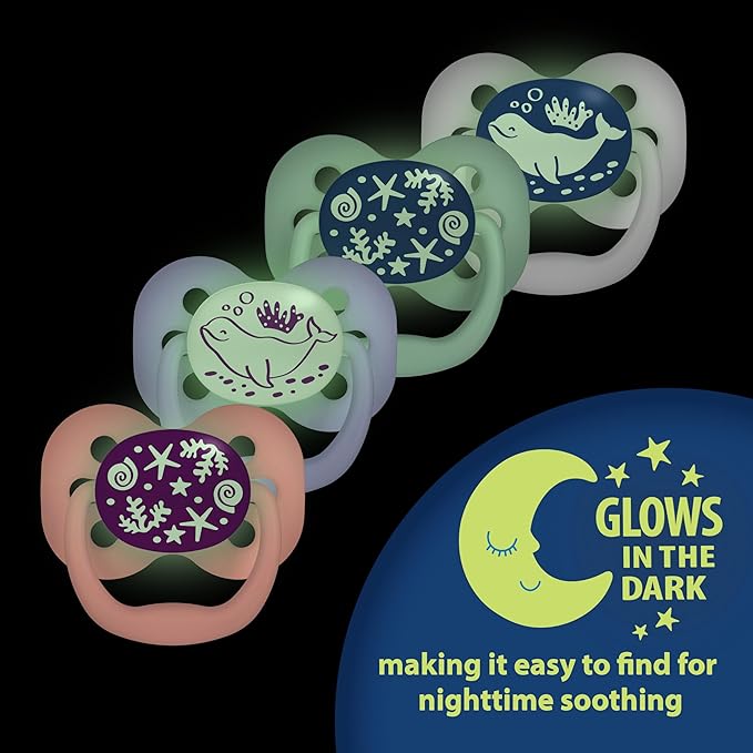 Dr. Brown's Advantage Glow-in-The-Dark Baby Pacifier, Fully Symmetrical Soother with Soft Silicone Bulb, Blue Sunrise-Blue Ocean, 0-6m, BPA Free, 4 Pack