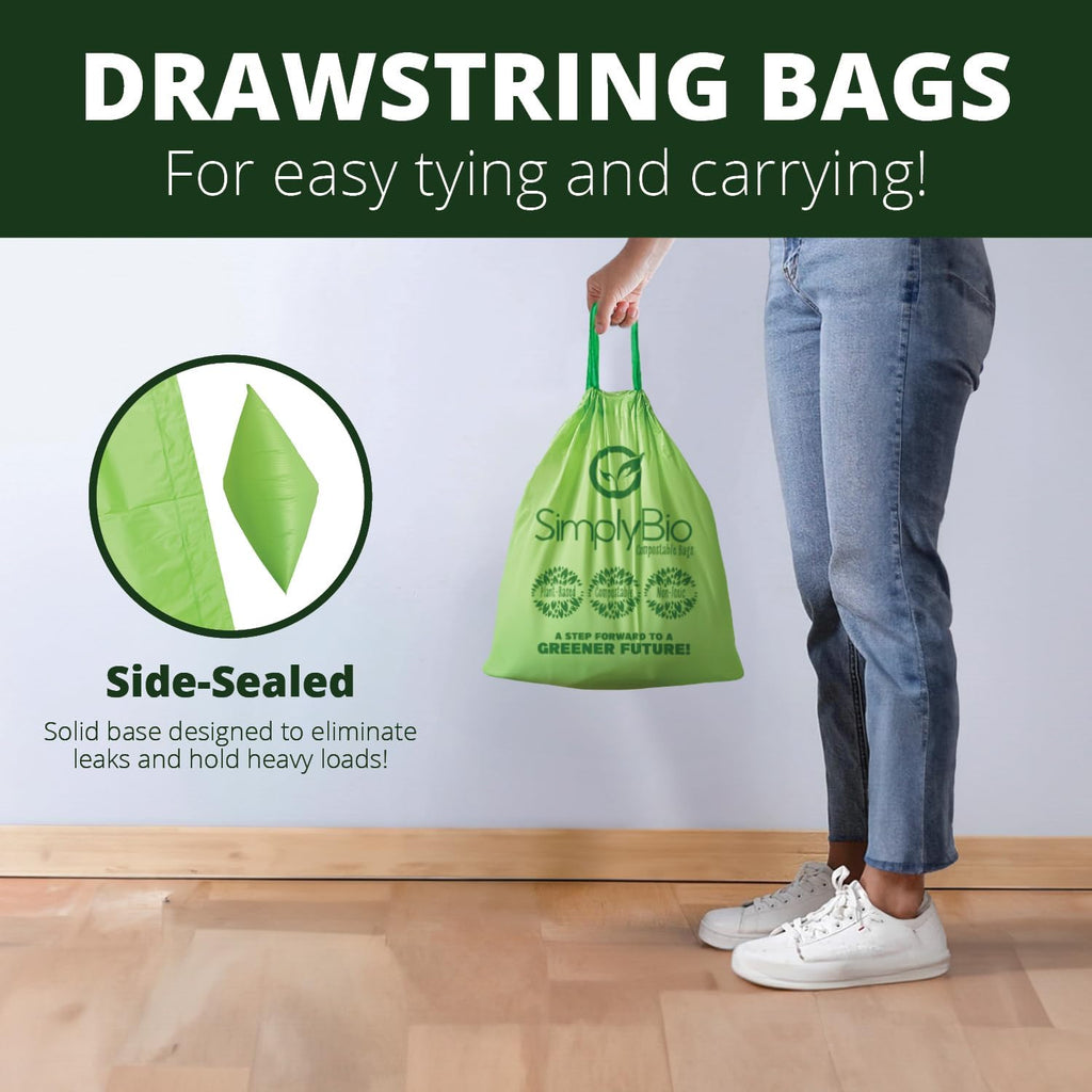 Simply Bio 3 Gallon Compostable Trash Bags Liners Drawstring, Heavy Duty Extra Thick 1 Mil, 11.36 Liter, 50 Bags, Small Kitchen Food Scrap Waste Bag, ASTM D6400, US BPI and OK Compost Home Certified
