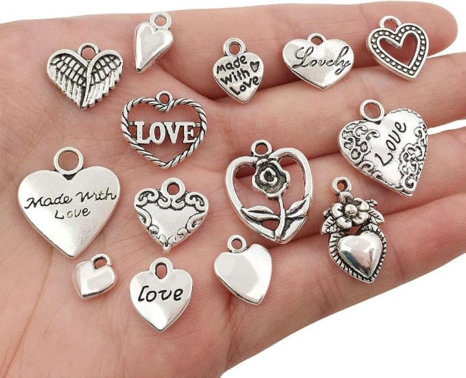 WOCRAFT 100 pcs Mix Antique Silver Heart Beads Charms - Image 4