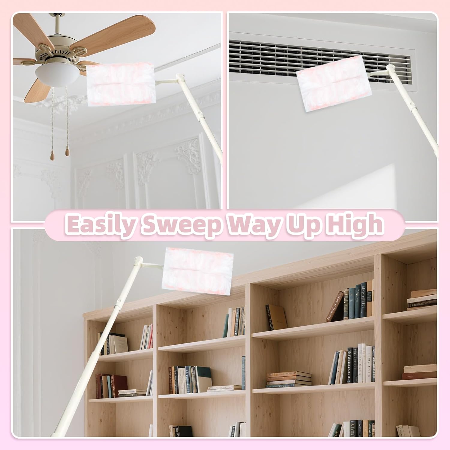 52 Count Disposable Duster Refills for Cleaning, 180° Dusters Refills Compatible with Swiffer (Pink, 50 Count Dust Removal Brushes + 1 Standard Handle + 1 Extended Handle)