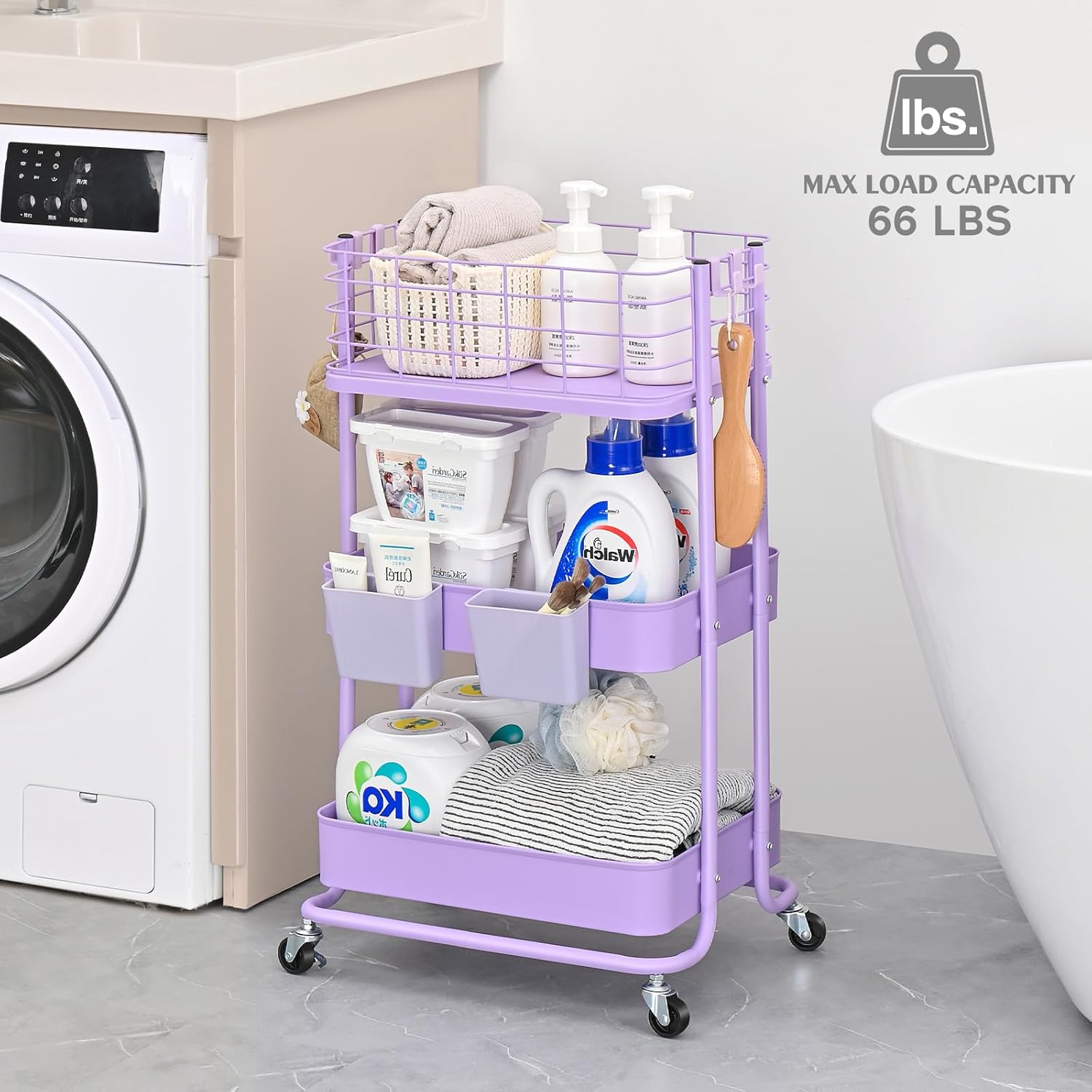 KINGRACK 3 Tier Rolling Cart, Metal Mobile Storage Shelf with Lockable Wheels, Prevent Falling Utility Trolley Cart, Storage Organizer for Kitchen, Office, Bathroom, Dorm, Purple