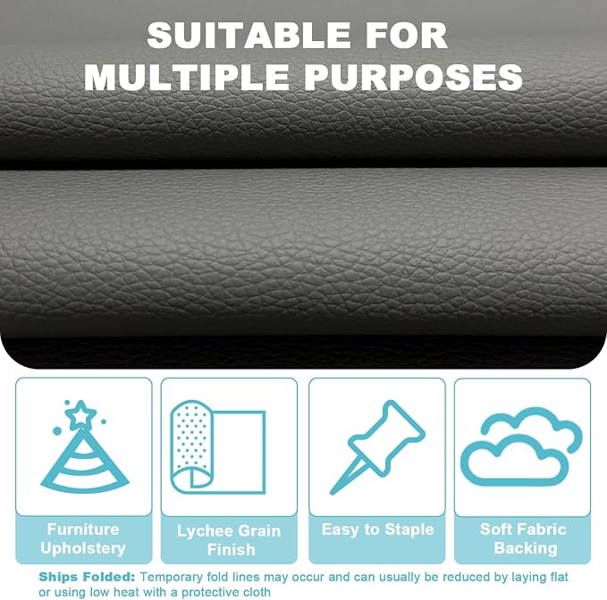 Grey Faux Leather Fabric 118"×55" Lychee Grain Upholstery Vinyl - Image 3